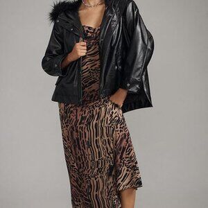 Pilcro Faux-Leather Hooded Jacket Fur Trim Black Pockets Anthropologie Coat M